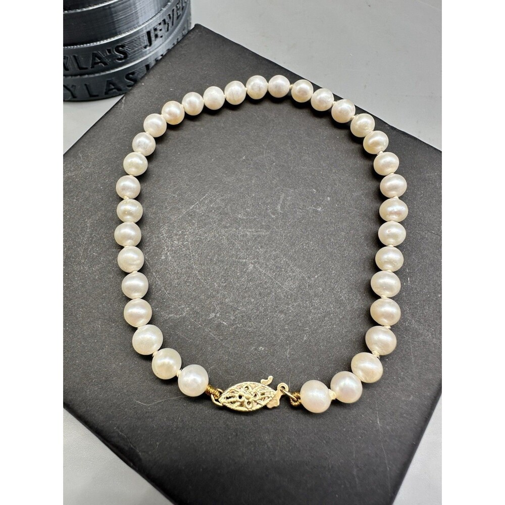 Classic Single Strand 5mm Pearl 7.5" Bracelet w 14k Yellow Gold Filigree Clasp